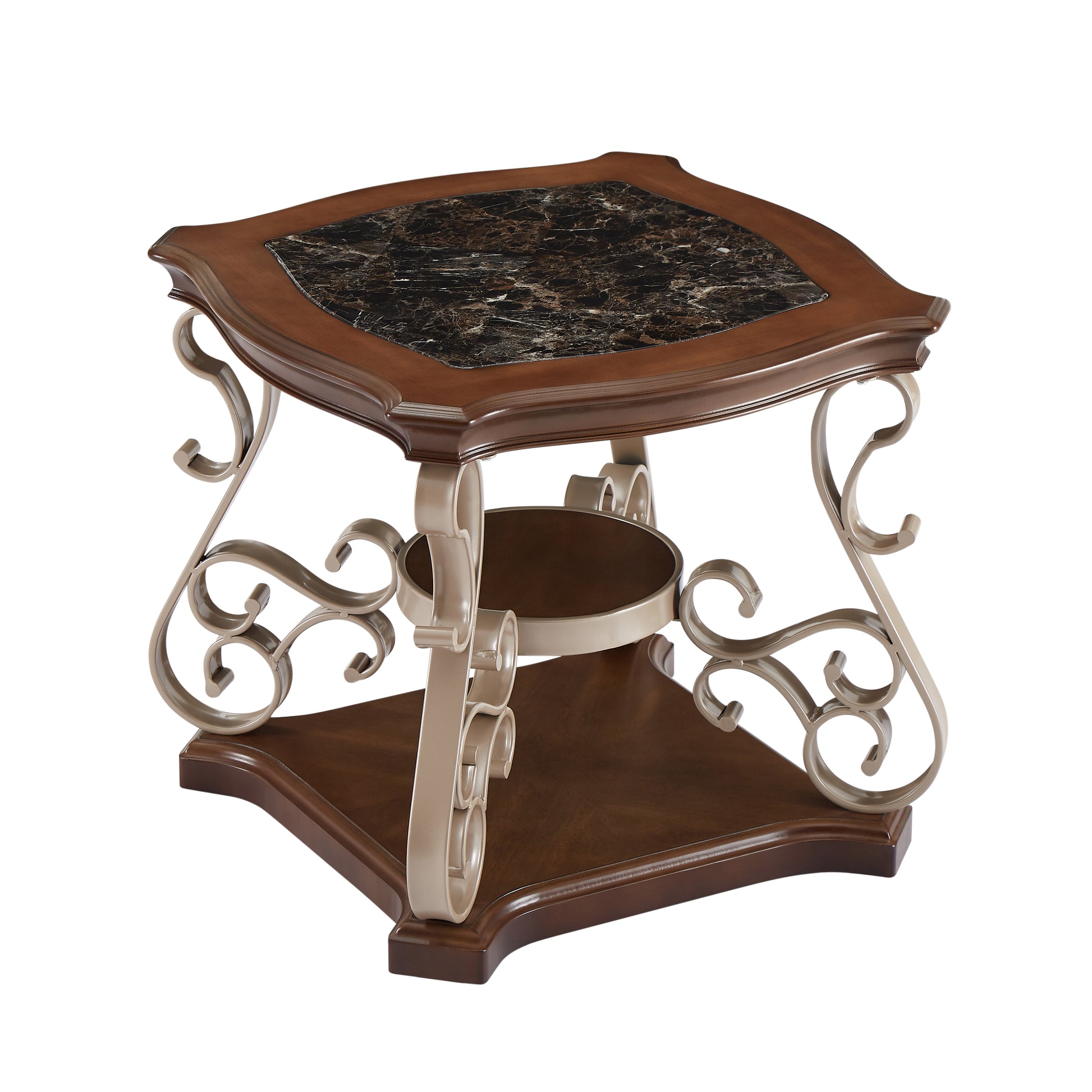 End Table, Marble Paper Top, Mdf With Brich Middle Shelf, Powder Coat Finish Metal Legs. 26.2"Lx26.2"Wx24"H Brown Lockable Drawer Or Cabinet Z Shape Dining Room Birch Champagne Desk Top Floor Mount Square Shelves Coffee & End Tables Glossy Mdf Pedestal