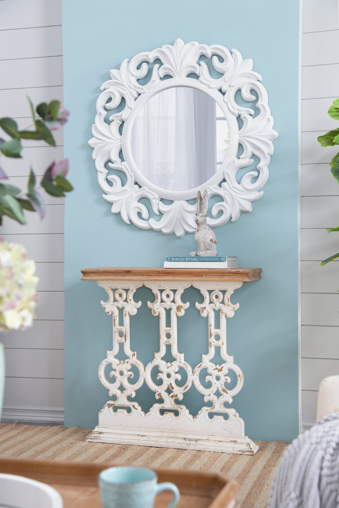 32" X 12" X 32" Classic Vintage White Wash Console Table With Brown Wood Top Brown Antique White Wood