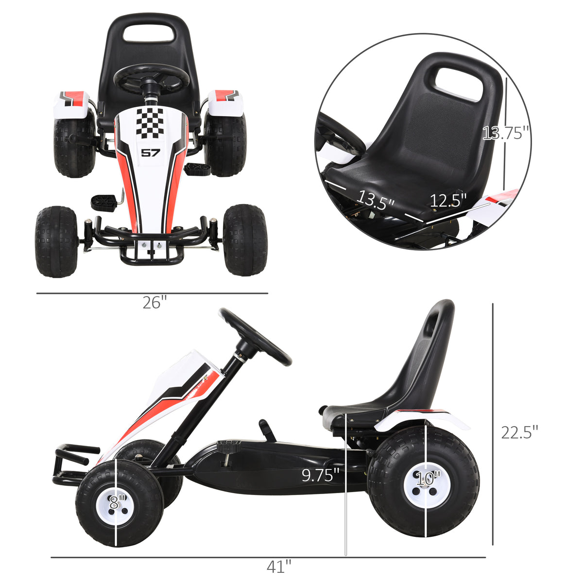 Pedal Go Kart Children Ride On Car Racing Style With Adjustable Seat, Plastic Wheels, Handbrake And Shift Lever, White White Steel