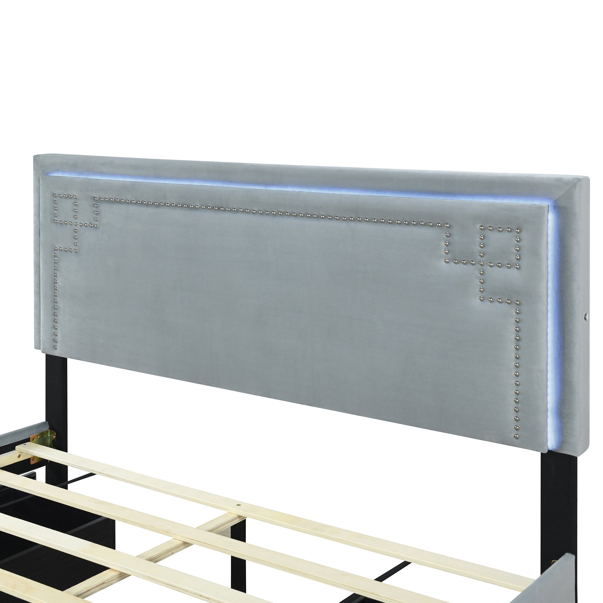 Queen Size Upholstered Platform Bed With Rivet Decorated Headboard, Led Bed Frame And 4 Drawers, Gray Gray Velvet