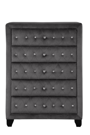 Sophia Modern Style Crystal Tufted Upholstery 5 Drawer Chest Finished With Velvet Fabric Made With Wood In Gray Gray Bedroom Contemporary,Modern Acacia Solid Wood Mdf Wood