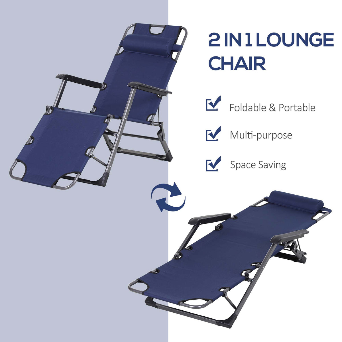 Tanning Chair, 2 In 1 Beach Lounge Chair & Camping Chair W Pillow & Pocket, Adjustable Chaise For Sunbathing Outside, Patio, Poolside, Navy Navy Metal