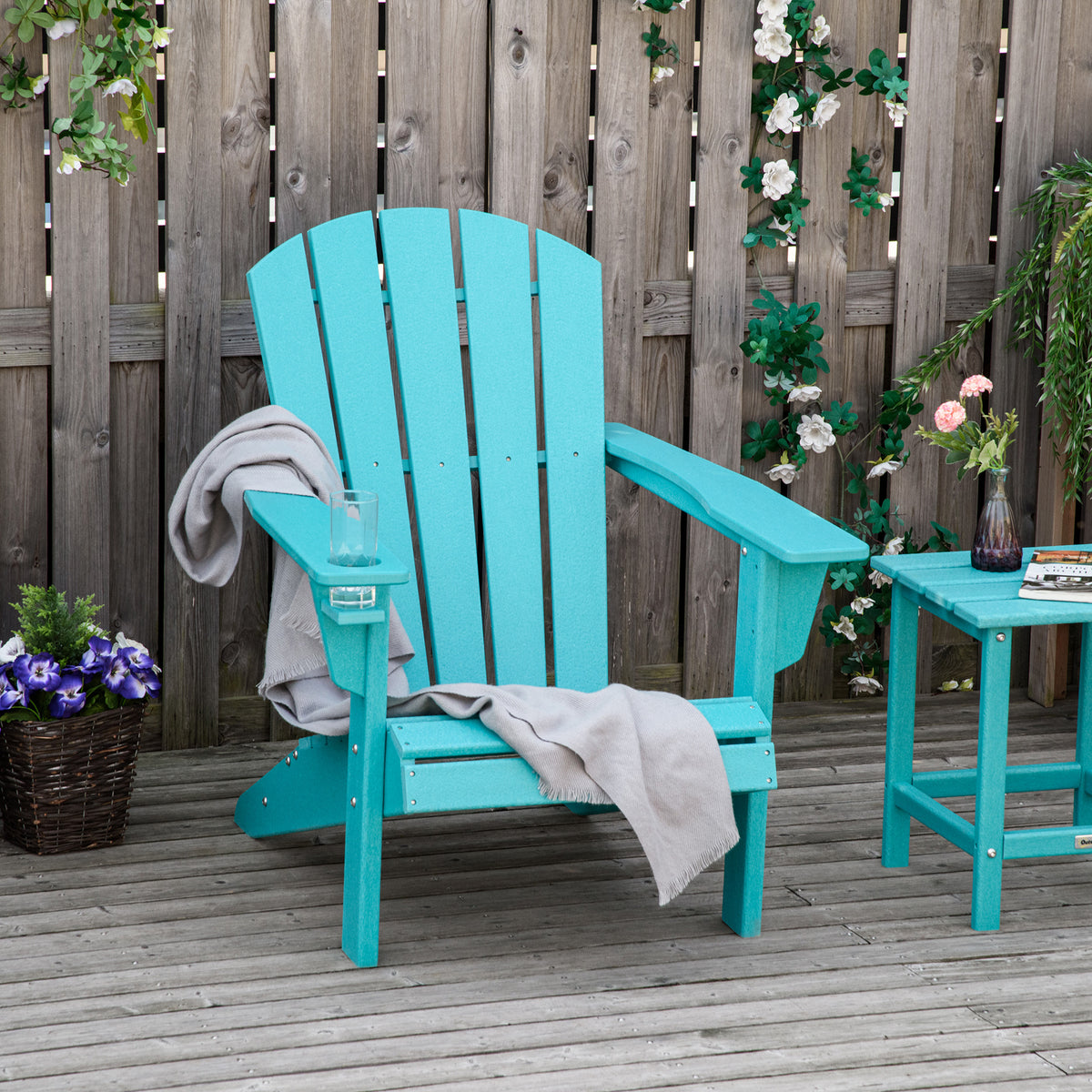 Hdpe All Weather Outdoor Adirondack Chair With Cup Holder, Fire Pit Chair For Backyard, Deck, Lawn, Garden, 330Lbs Capacity, Light Blue Blue Hdpe