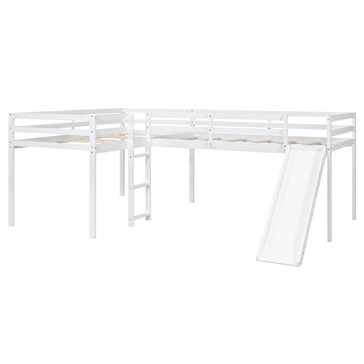 L Shaped Twin Size Loft Bed With Ladder And Slide, White White Solid Wood Mdf