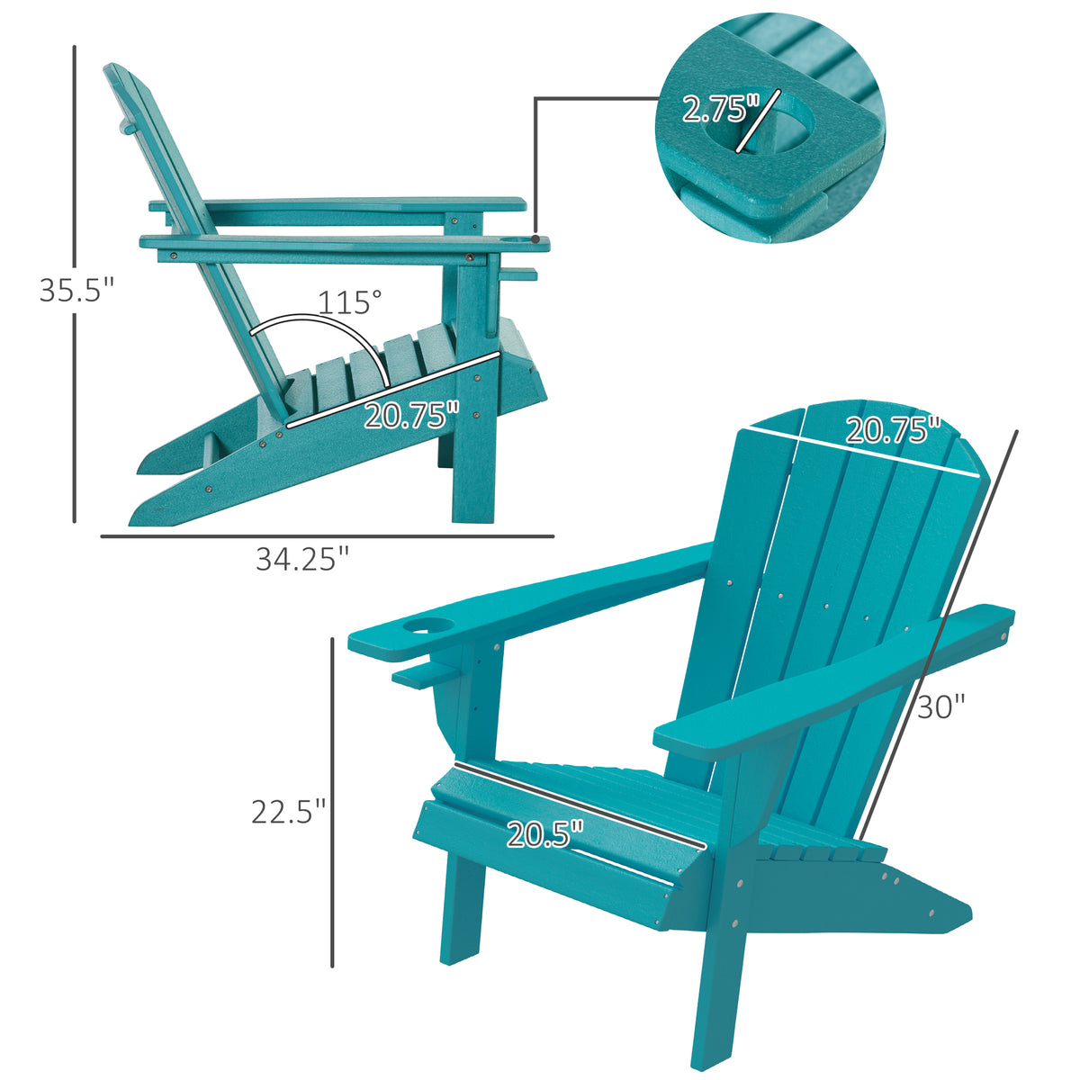 Hdpe All Weather Outdoor Adirondack Chair With Cup Holder, Fire Pit Chair For Backyard, Deck, Lawn, Garden, 330Lbs Capacity, Light Blue Blue Hdpe