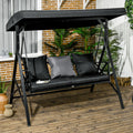 3 Seat Patio Swing Chair, Porch Swing Glider With Cushion, 3 Throw Pillows & Adjustable Canopy For Porch, Garden, Poolside, Backyard, Black Black Steel