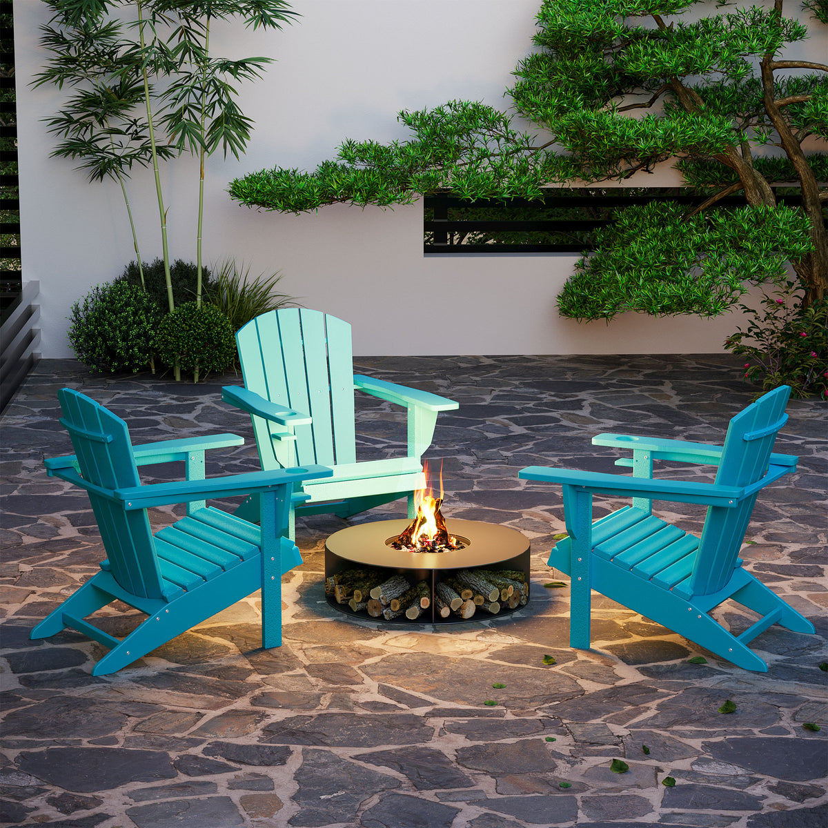 Hdpe All Weather Outdoor Adirondack Chair With Cup Holder, Fire Pit Chair For Backyard, Deck, Lawn, Garden, 330Lbs Capacity, Light Blue Blue Hdpe