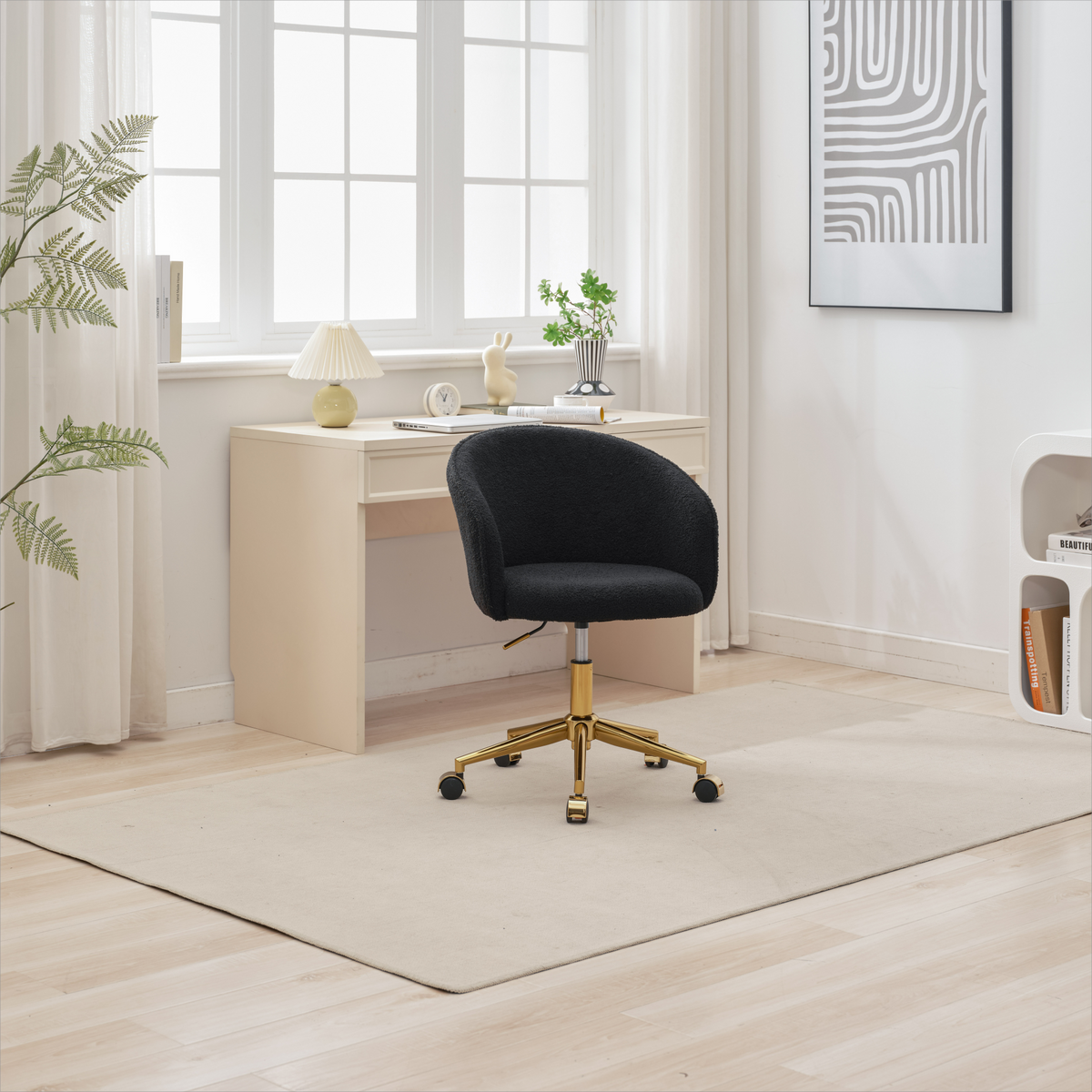 Hengming Golden Foot Office Chair, Modern Armchair, Height Adjustable, Rotary Cosmetic Chair, For Bedroom,Set Of 1 Black Wool