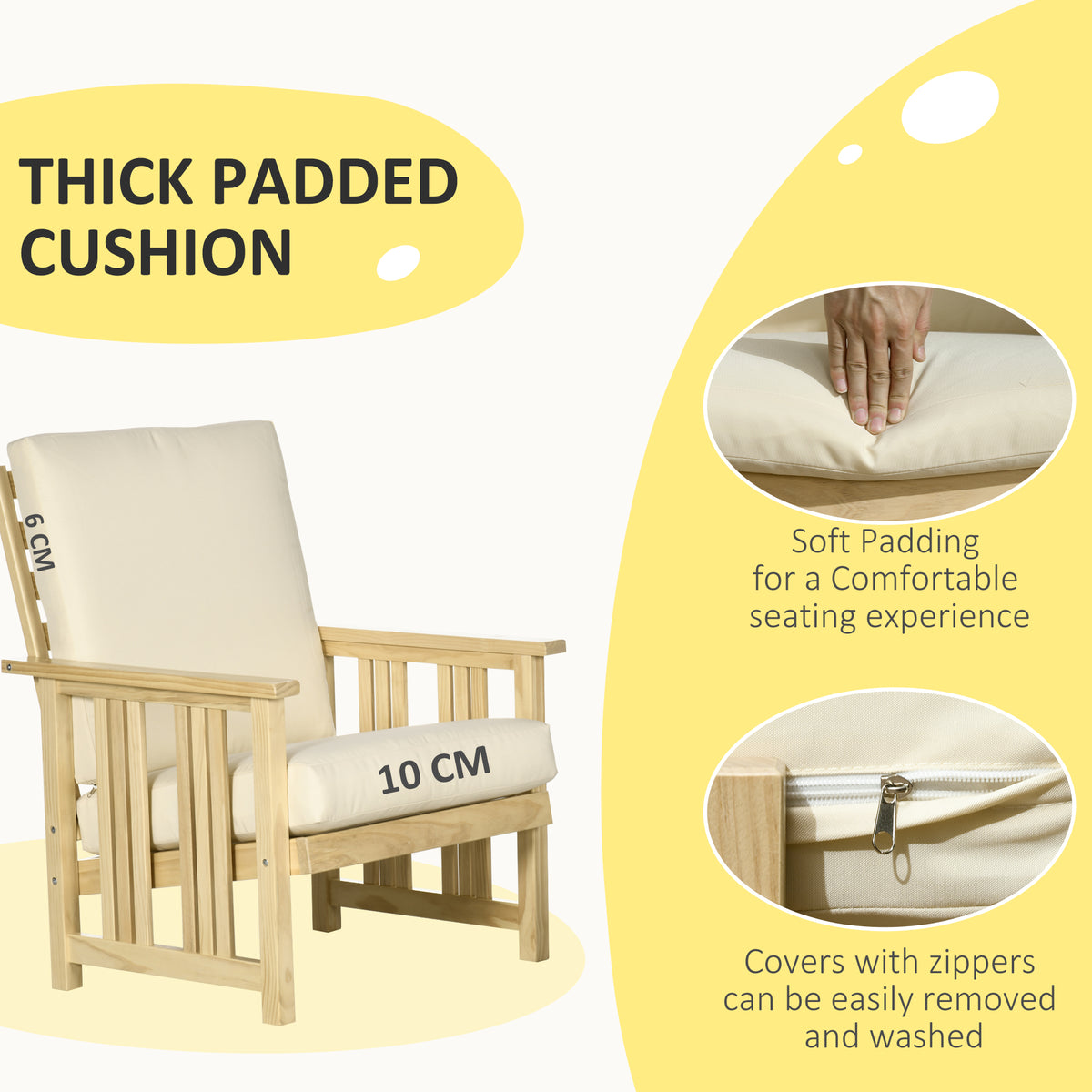 Patio Furniture Set, Wood Outdoor Patio Chair With Ottoman, 2 Piece Cushioned Outdoor Lounge Chair, Sofa Chair With Footrest, Beige Natural Wood