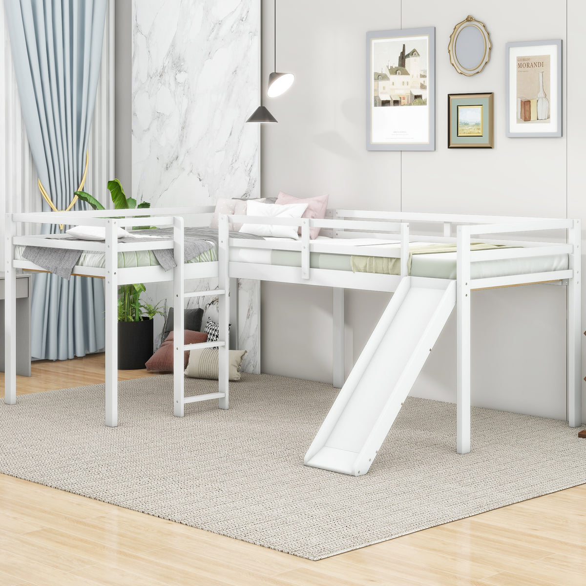 L Shaped Twin Size Loft Bed With Ladder And Slide, White White Solid Wood Mdf