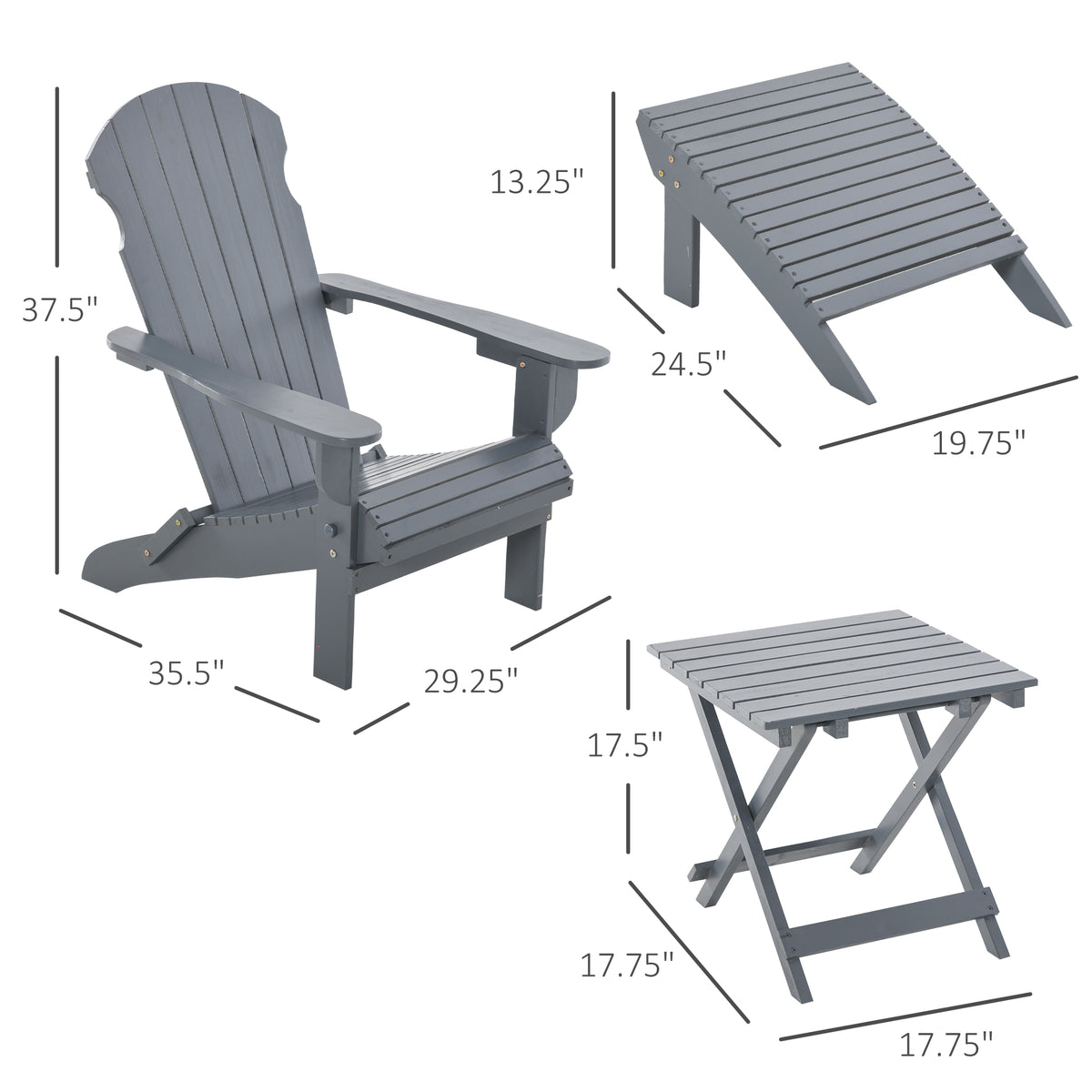 3 Piece Folding Adirondack Chair With Ottoman And Side Table, Outdoor Wooden Fire Pit Chairs W High Back, Wide Armrests For Patio, Backyard, Garden, Lawn Furniture, Gray Gray Wood