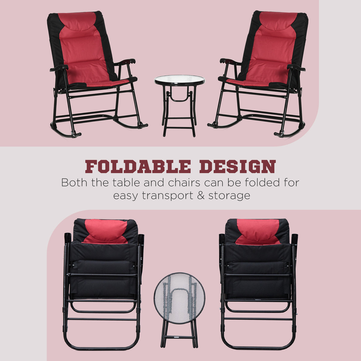 3 Piece Outdoor Patio Furniture Set With Glass Coffee Table & 2 Folding Padded Rocking Chairs, Bistro Style For Porch, Camping, Balcony, Red Red Metal