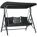 3 Seat Patio Swing Chair, Porch Swing Glider With Cushion, 3 Throw Pillows & Adjustable Canopy For Porch, Garden, Poolside, Backyard, Black Black Steel