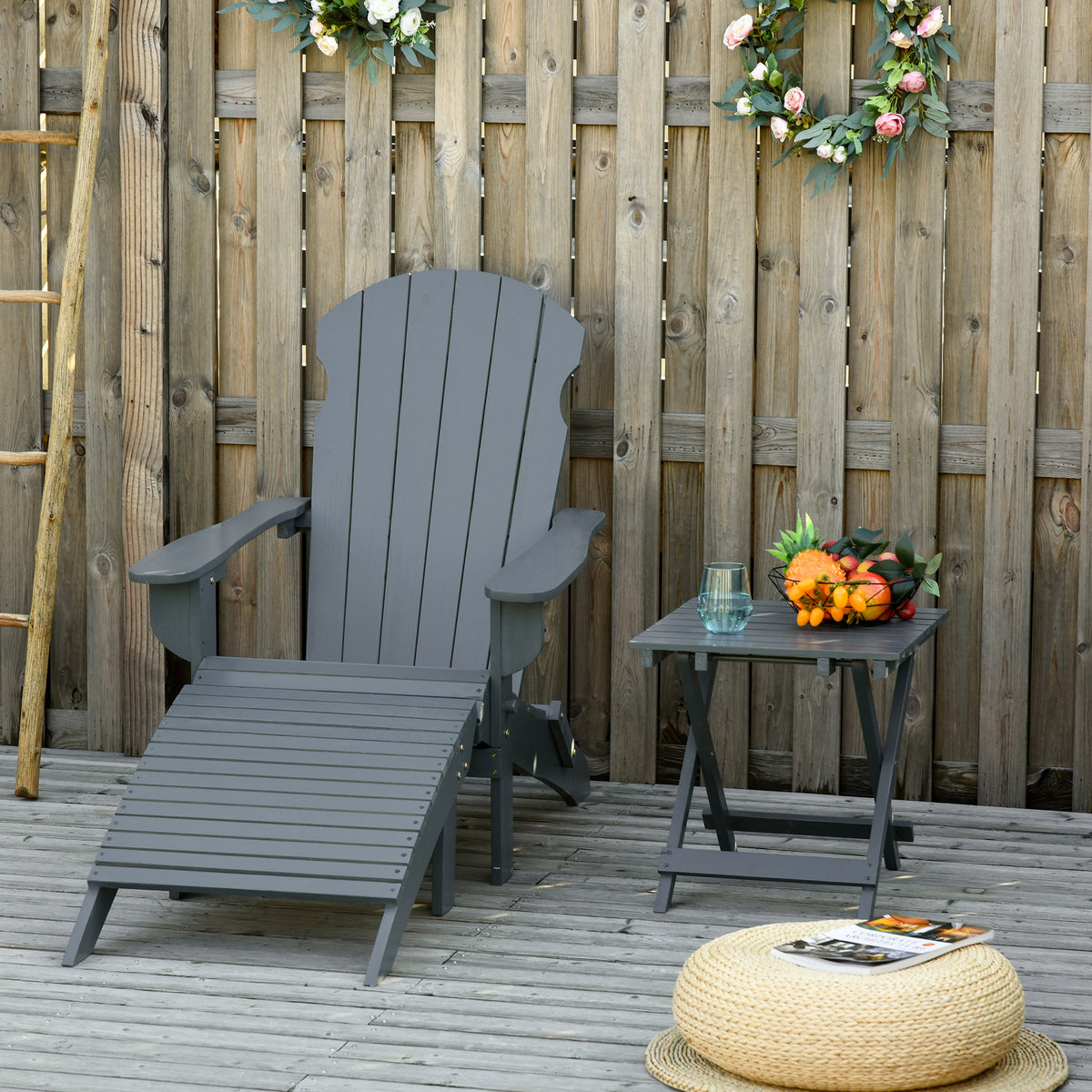3 Piece Folding Adirondack Chair With Ottoman And Side Table, Outdoor Wooden Fire Pit Chairs W High Back, Wide Armrests For Patio, Backyard, Garden, Lawn Furniture, Gray Gray Wood