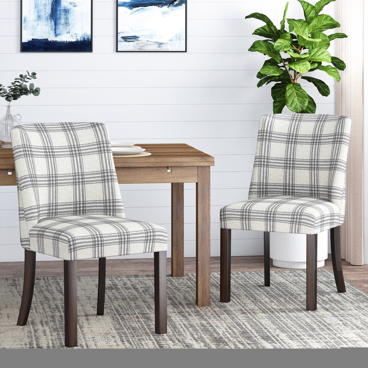 Dining Chair Grey Plaid Fabric