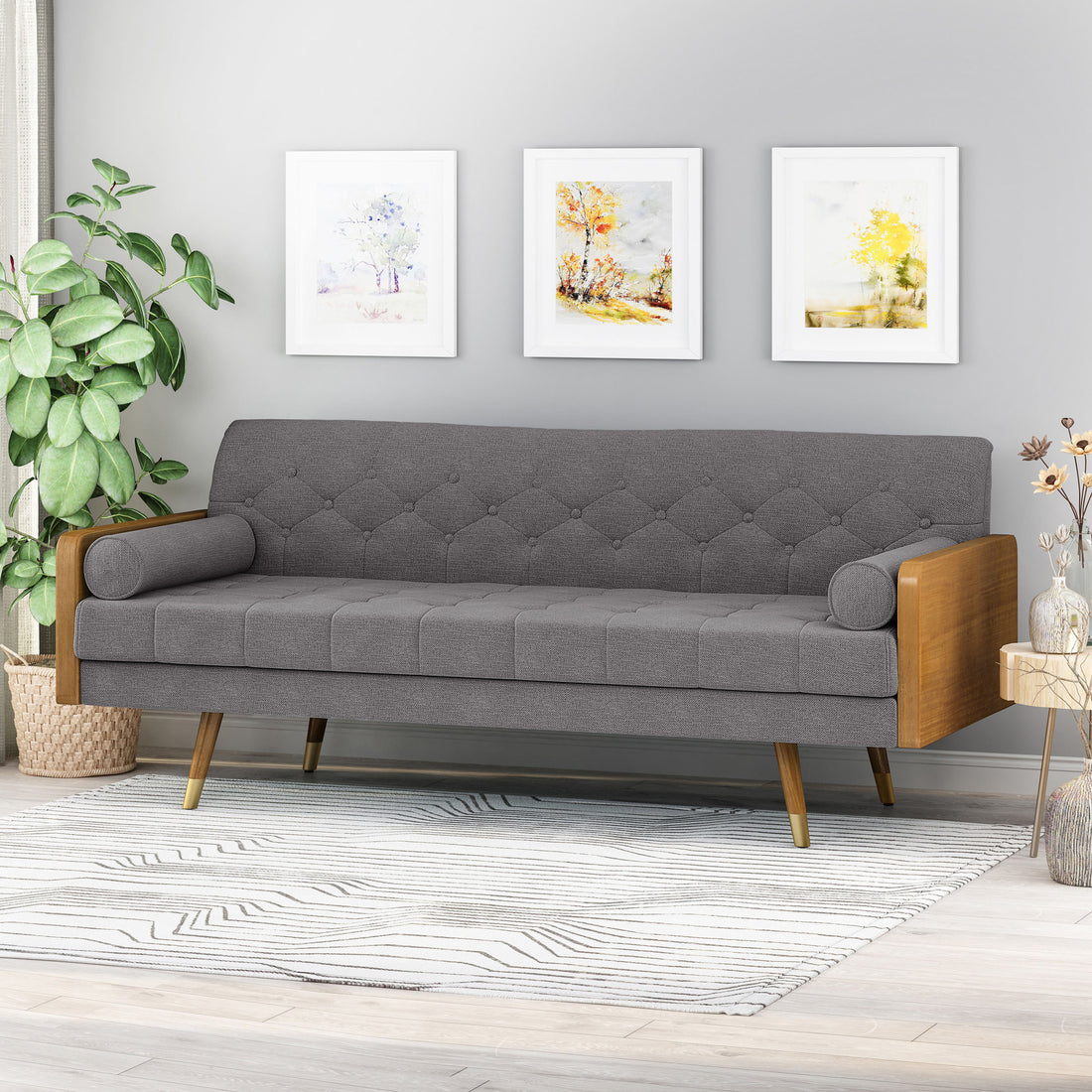 Aidan Mid Century Modern Tufted Fabric Sofa Grey Fabric