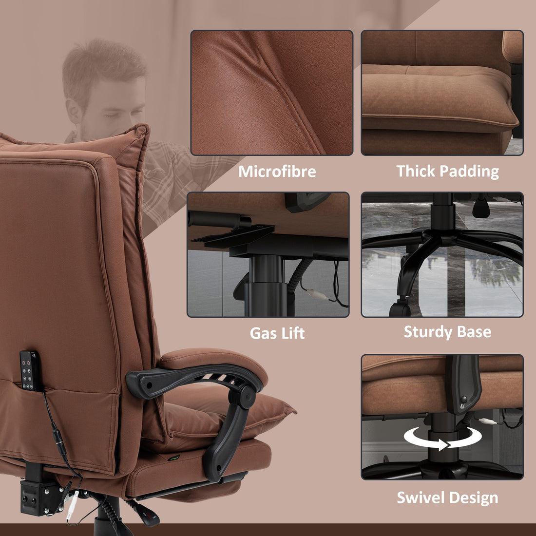 Executive Massage Office Chair With 6 Vibration Points, Microfiber Computer Desk Chair, Heated Reclining Chair With Footrest, Armrest, Double Padding, Brown Brown Polyester