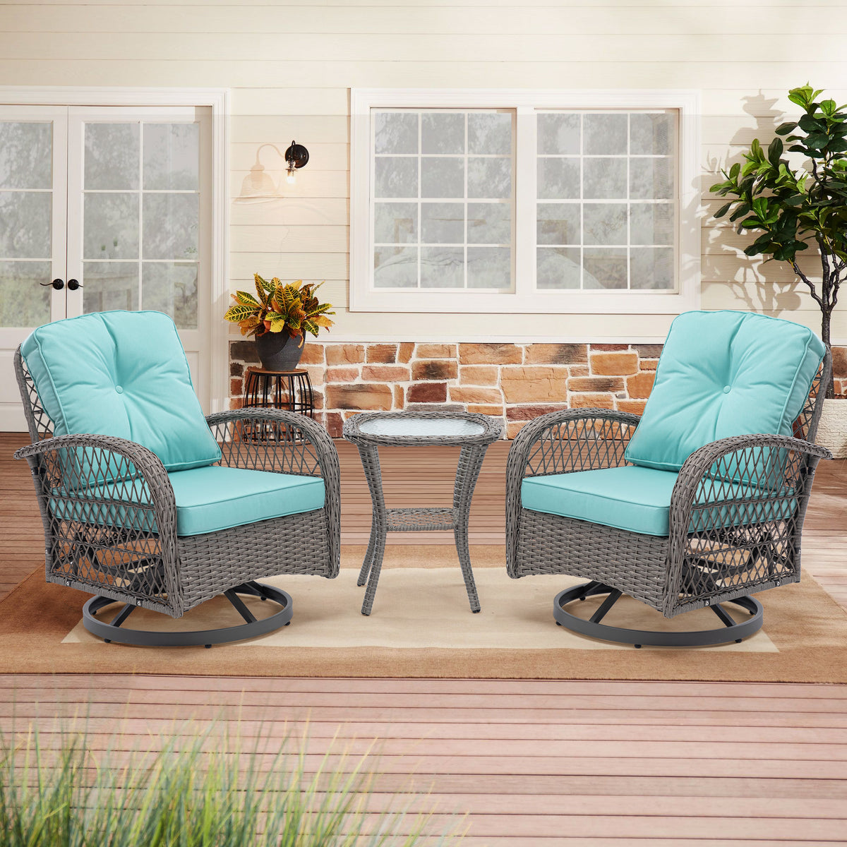 3 Pieces Outdoor Swivel Rocker Patio Chairs, 360 Degree Rocking Patio Conversation Set With Thickened Cushions And Glass Coffee Table For Backyard, Blue Blue Steel