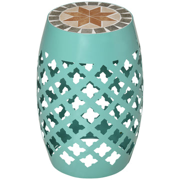 12" Patio Round Side Table, Outdoor Footstool, Garden Mosaic Accent Side Table, Plant Stand, Blue Blue Steel