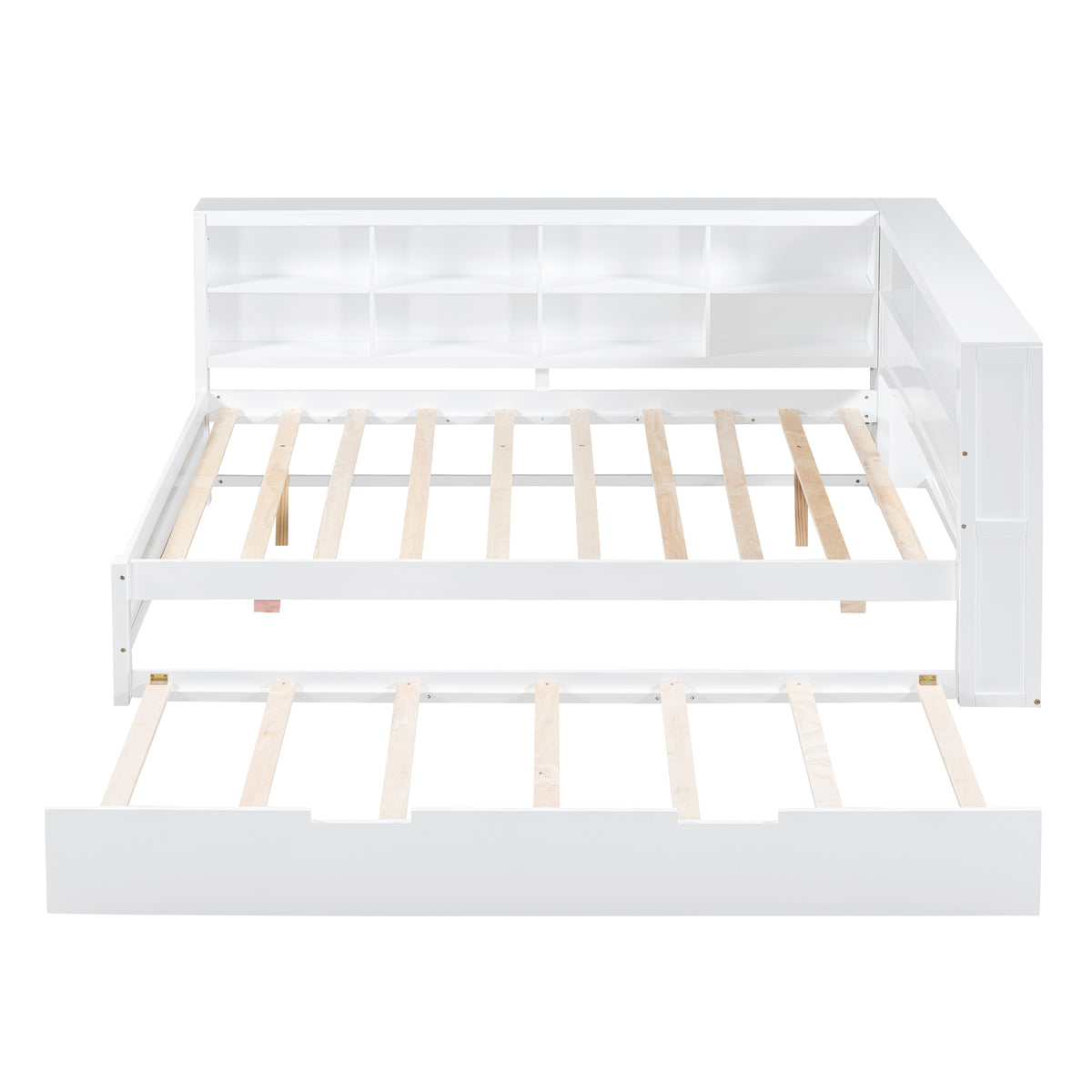 Wooden Full Size Daybed With Twin Size Trundle, Daybed With Storage Shelf And Usb Charging Ports,White Full White Wood