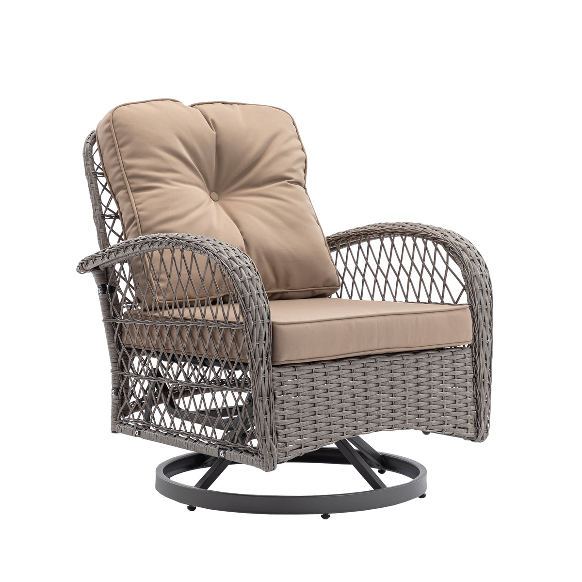3 Pieces Outdoor Swivel Rocker Patio Chairs, 360 Degree Rocking Patio Conversation Set With Thickened Cushions And Glass Coffee Table For Backyard, Khaki Khaki Steel