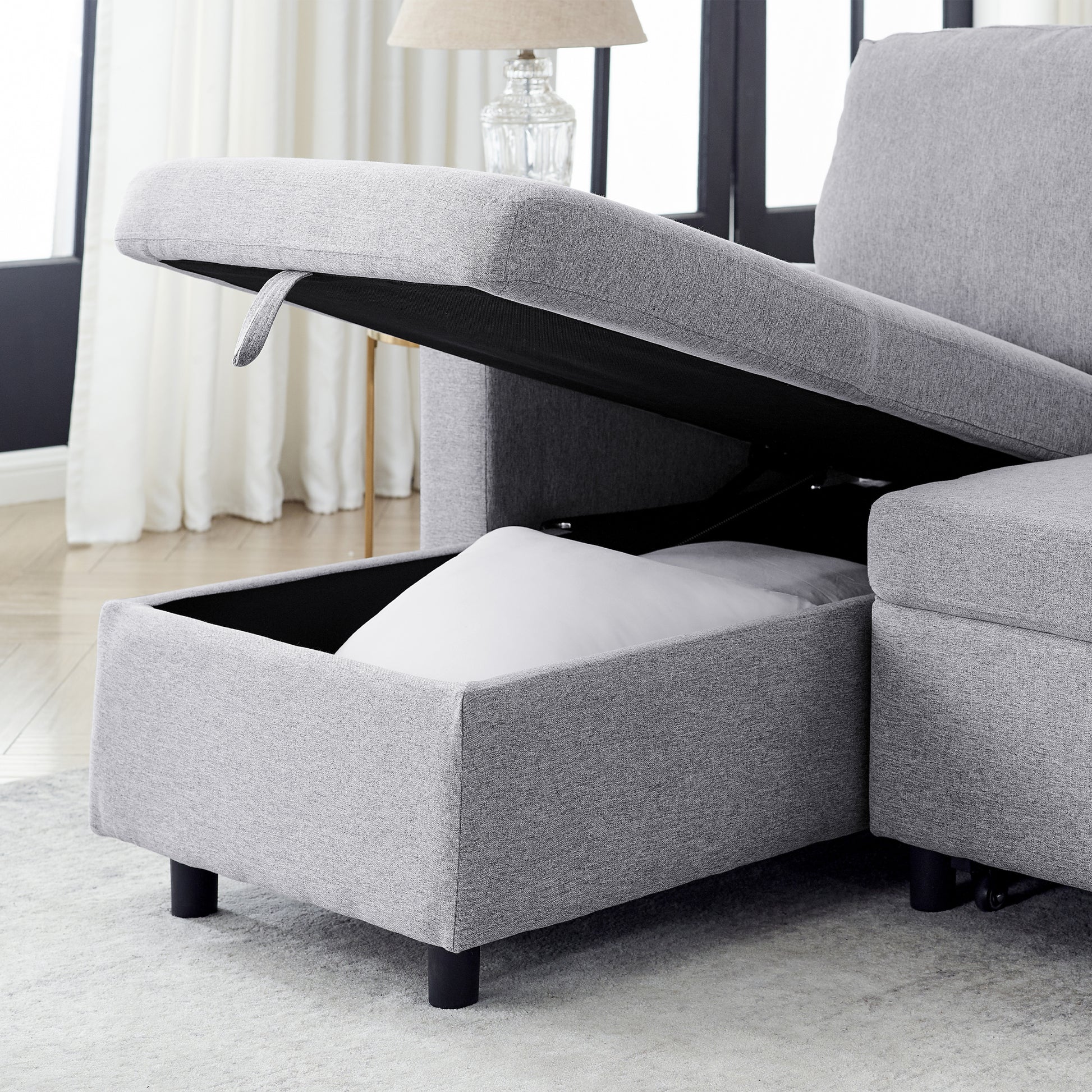 Fx 78.8" Reversible Sleeper Combo Sofa With Pullout Bed, Comfortable Linen L Shaped Combo Sofa Sofa Bed, Living Room Furniture Sets For Tight Spaces Light Gray Linen Wood Primary Living Space Foam Fabric 3 Seat