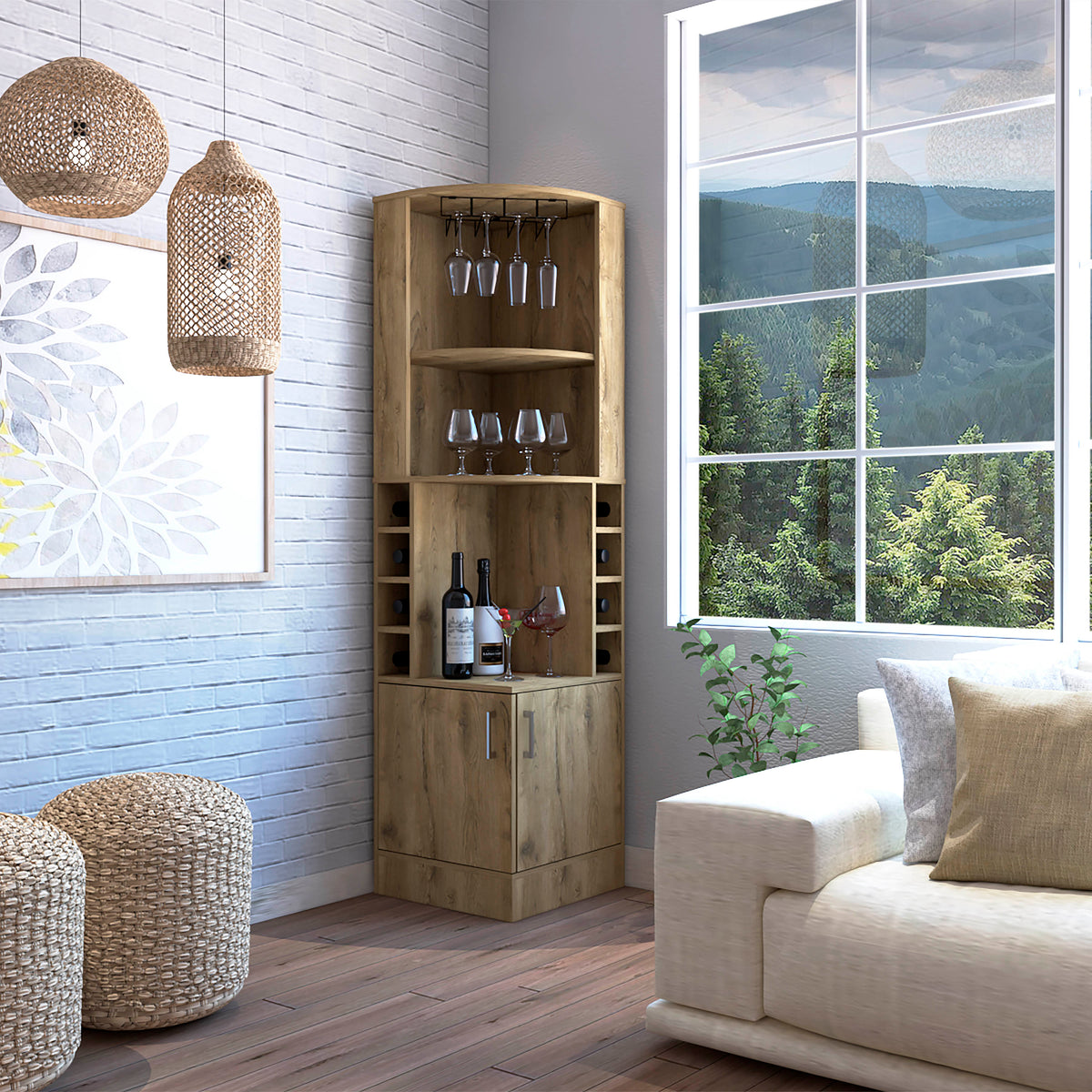 Corner Bar Cabinet Papprika, Living Room, Aged Oak Beige Particle Board Engineered Wood