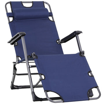 Tanning Chair, 2 In 1 Beach Lounge Chair & Camping Chair W Pillow & Pocket, Adjustable Chaise For Sunbathing Outside, Patio, Poolside, Navy Navy Metal