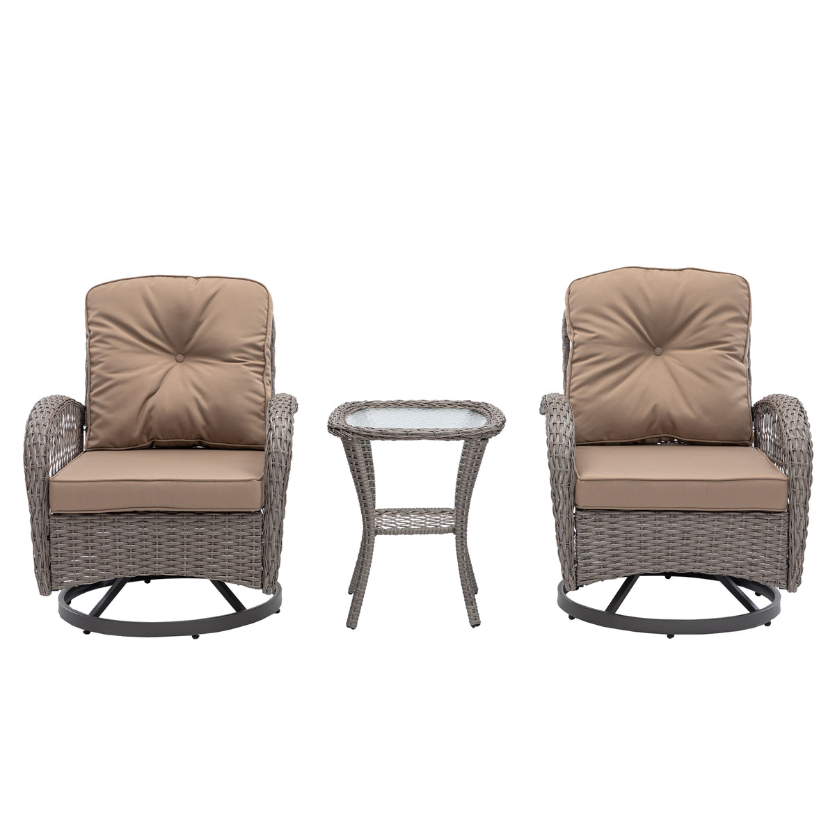 3 Pieces Outdoor Swivel Rocker Patio Chairs, 360 Degree Rocking Patio Conversation Set With Thickened Cushions And Glass Coffee Table For Backyard, Khaki Khaki Steel