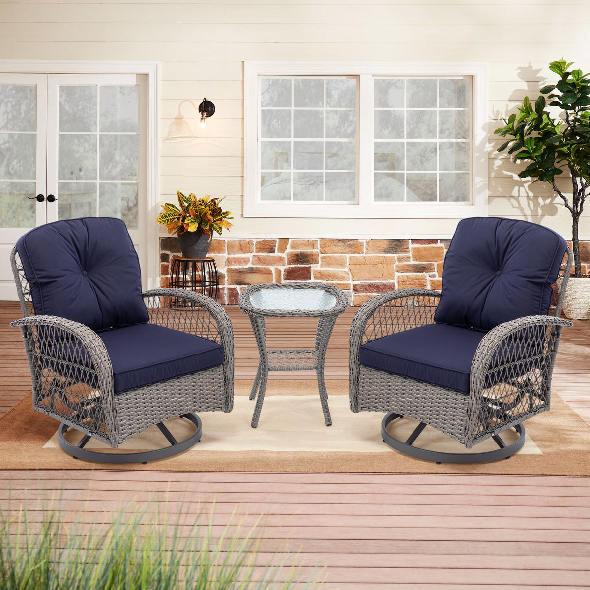 3 Pieces Outdoor Swivel Rocker Patio Chairs, 360 Degree Rocking Patio Conversation Set With Thickened Cushions And Glass Coffee Table For Backyard, Navy Blue Navy Blue Steel
