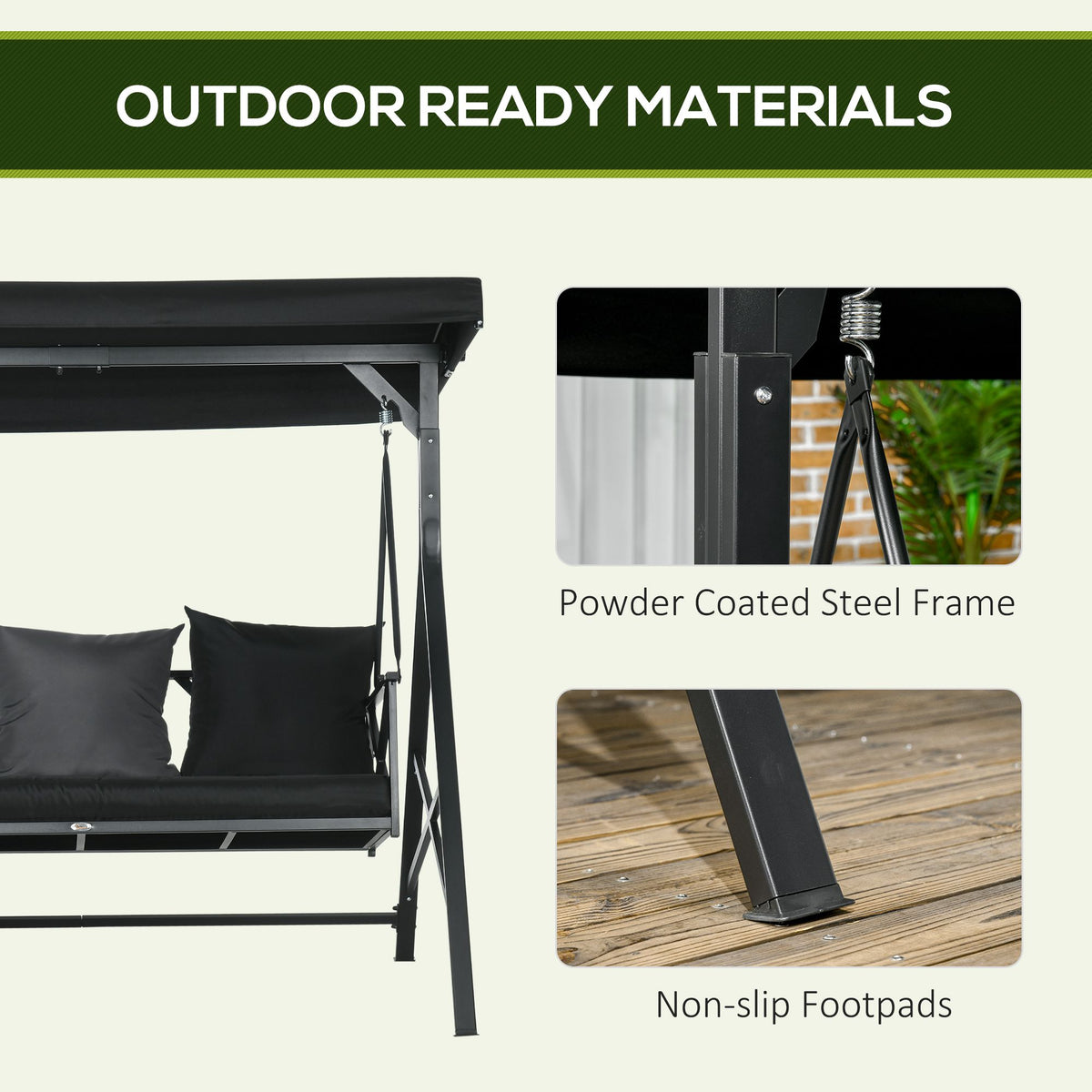 3 Seat Patio Swing Chair, Porch Swing Glider With Cushion, 3 Throw Pillows & Adjustable Canopy For Porch, Garden, Poolside, Backyard, Black Black Steel