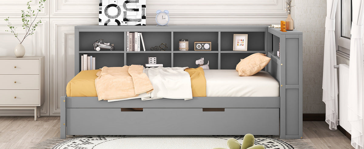 Wooden Twin Size Daybed With Twin Size Trundle, Daybed With Storage Shelf And Usb Charging Ports,Grey Twin Grey Wood