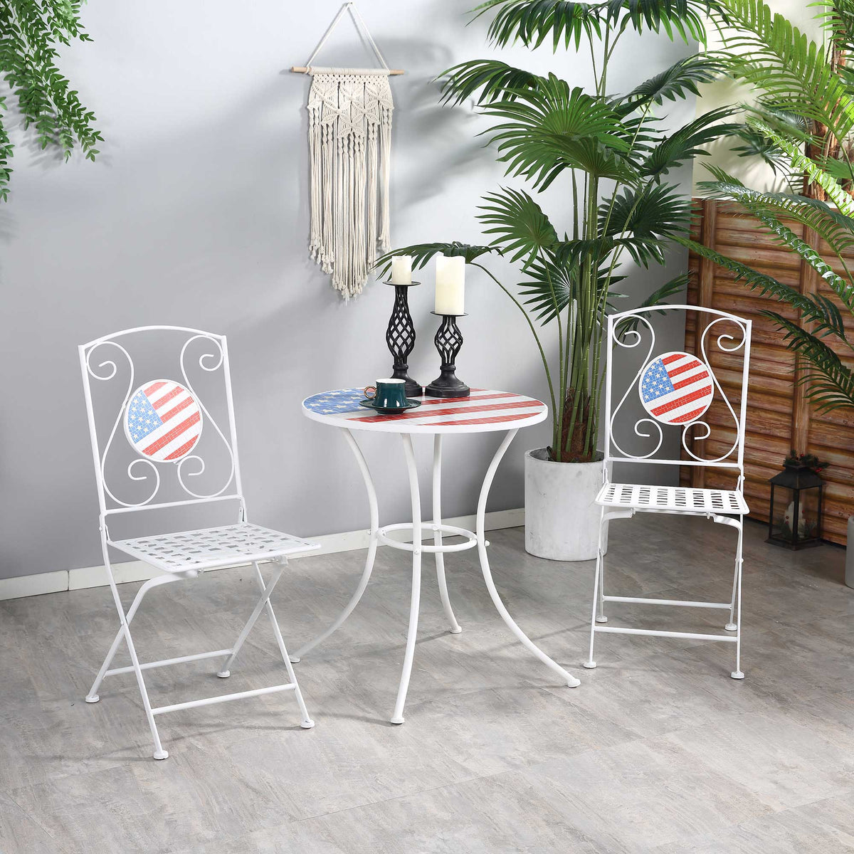 3 Piece Patio Bistro Set, Folding Outdoor Furniture With Usa Mosaic Table And Chairs, Portable Metal Frames For 4Th Of July, Balcony, Backyard, Poolside, Porch, American Flag White Metal