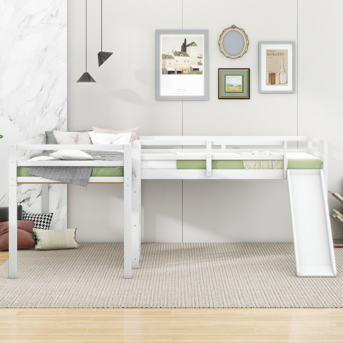 L Shaped Twin Size Loft Bed With Ladder And Slide, White White Solid Wood Mdf