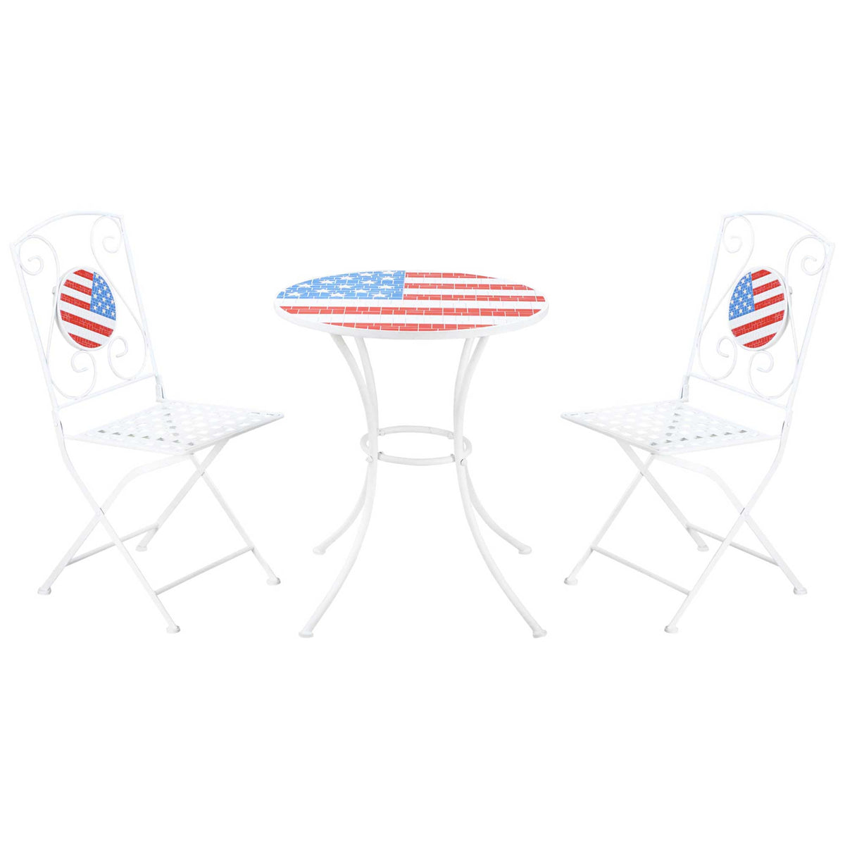 3 Piece Patio Bistro Set, Folding Outdoor Furniture With Usa Mosaic Table And Chairs, Portable Metal Frames For 4Th Of July, Balcony, Backyard, Poolside, Porch, American Flag White Metal