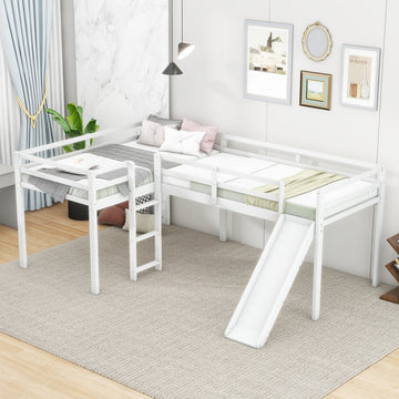 L Shaped Twin Size Loft Bed With Ladder And Slide, White White Solid Wood Mdf