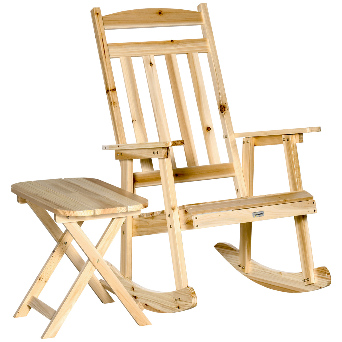 2 Pieces Wood Patio Bistro Set, Outdoor Rocking Chair Set With Armrests And High Back Rocking Chair And Portable Side Table, For Indoor, Outdoor, Patio, Backyard, Natural Natural Wood