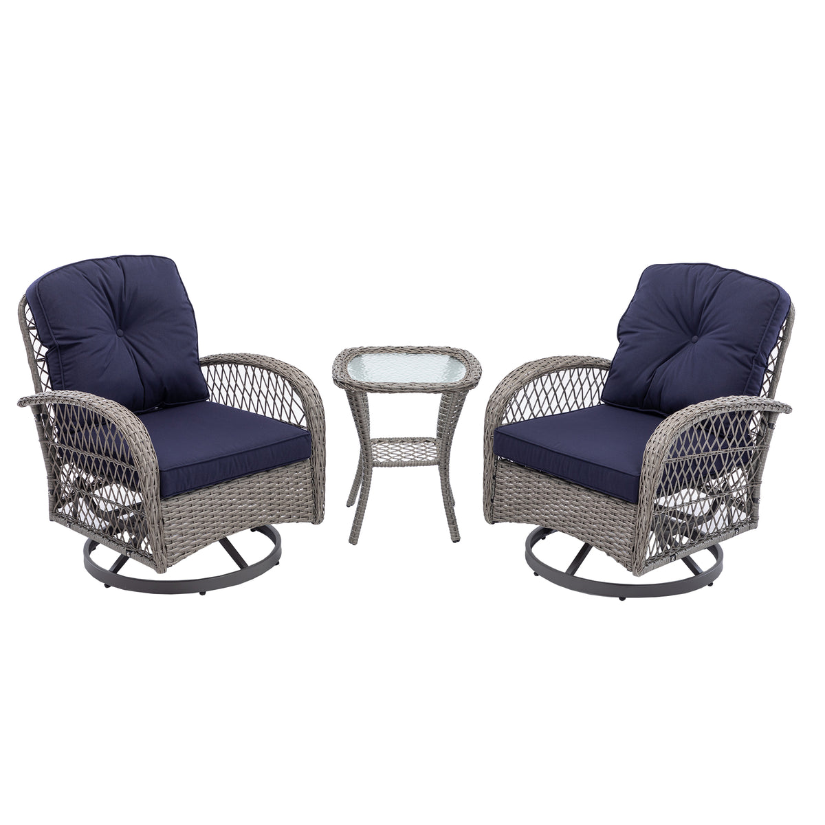 3 Pieces Outdoor Swivel Rocker Patio Chairs, 360 Degree Rocking Patio Conversation Set With Thickened Cushions And Glass Coffee Table For Backyard, Navy Blue Navy Blue Steel