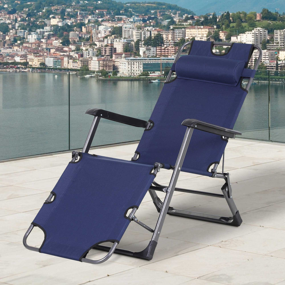 Tanning Chair, 2 In 1 Beach Lounge Chair & Camping Chair W Pillow & Pocket, Adjustable Chaise For Sunbathing Outside, Patio, Poolside, Navy Navy Metal