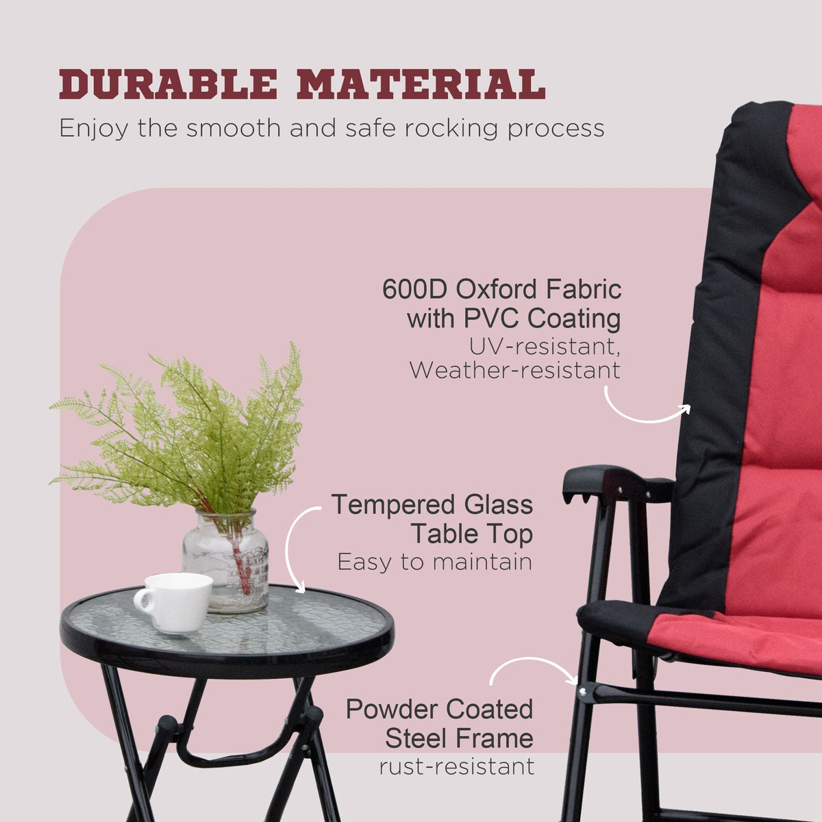 3 Piece Outdoor Patio Furniture Set With Glass Coffee Table & 2 Folding Padded Rocking Chairs, Bistro Style For Porch, Camping, Balcony, Red Red Metal