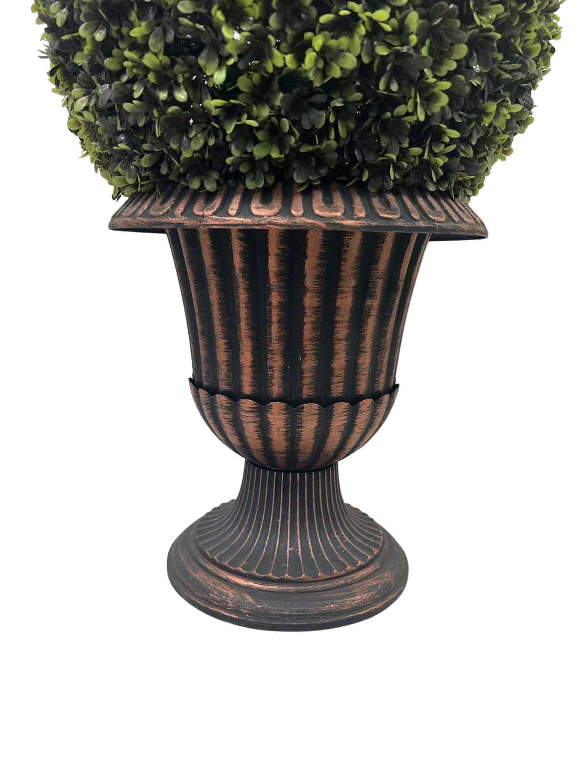 24" Ball Topiary In Bronze Pedestal Pot, Artificial Faux Plant For Indoor And Outdoor Green Plastic