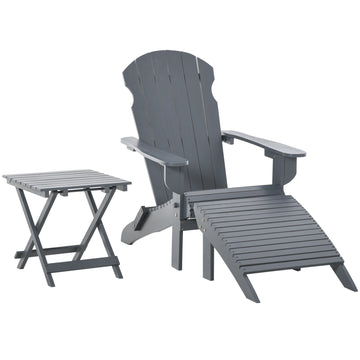 3 Piece Folding Adirondack Chair With Ottoman And Side Table, Outdoor Wooden Fire Pit Chairs W High Back, Wide Armrests For Patio, Backyard, Garden, Lawn Furniture, Gray Gray Wood