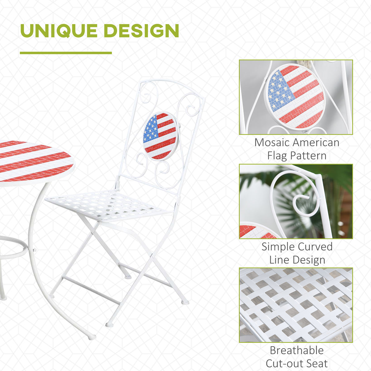 3 Piece Patio Bistro Set, Folding Outdoor Furniture With Usa Mosaic Table And Chairs, Portable Metal Frames For 4Th Of July, Balcony, Backyard, Poolside, Porch, American Flag White Metal