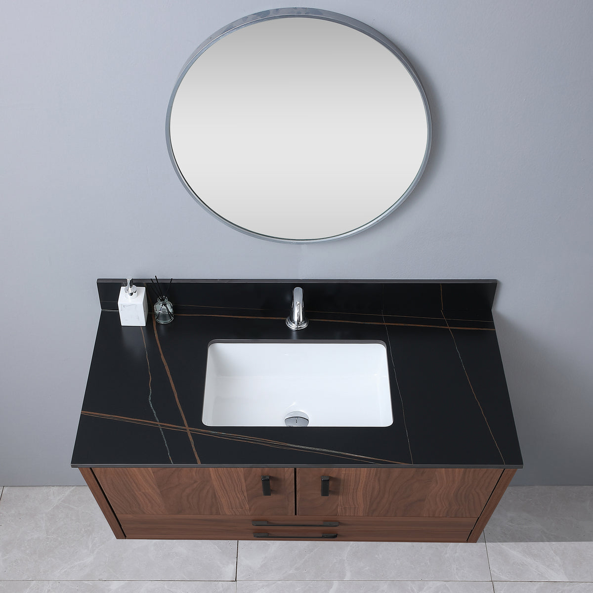 43Inch Bathroom Stone Vanity Top Black Gold Color With Undermount Ceramic Sink And Single Faucet Hole With Backsplash Black Sintered Stone