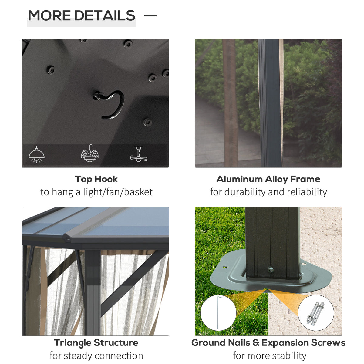 10' X 12' Hardtop Gazebo Canopy With Polycarbonate Roof, Top Vent And Aluminum Frame, Permanent Pavilion Outdoor Gazebo With Netting, For Patio, Garden, Backyard, Deck, Lawn Gray Metal