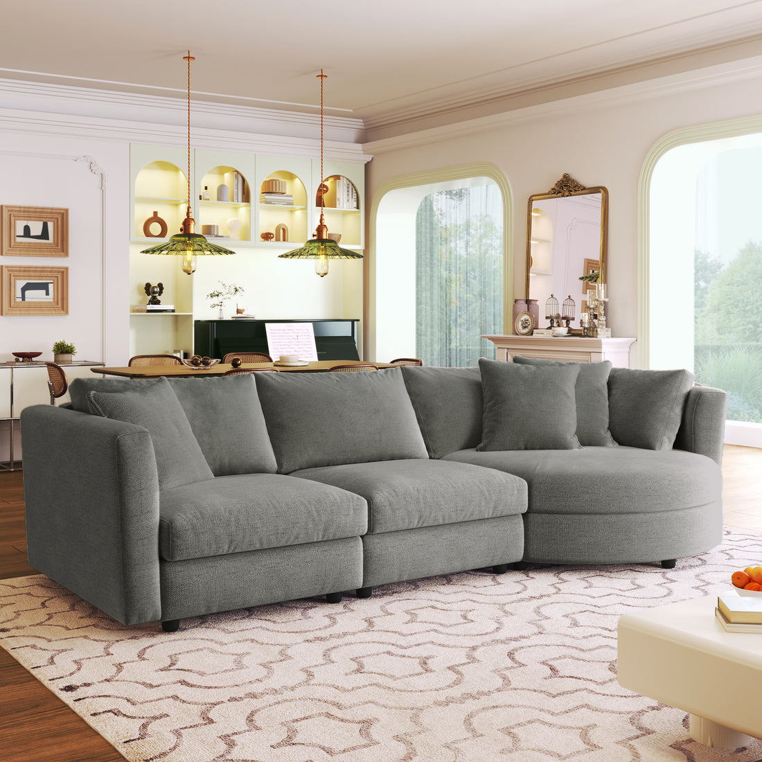 Three Indoor Cushioned Combination Sofas With Three Pillows And Curved Seat, For Living Room, Study Room, And Apartment Gray Polyester