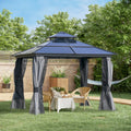 10' X 10' Hardtop Gazebo Canopy With Polycarbonate Double Roof, Aluminum Frame, Permanent Pavilion Outdoor Gazebo With Netting And Curtains For Patio, Garden, Backyard, Deck, Lawn, Gray Dark Grey Steel
