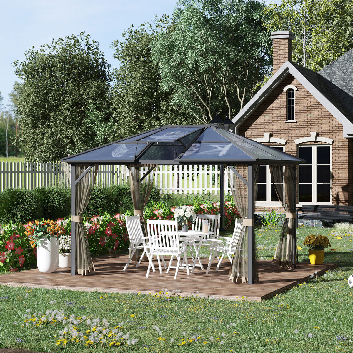 10' X 12' Hardtop Gazebo Canopy With Polycarbonate Roof, Top Vent And Aluminum Frame, Permanent Pavilion Outdoor Gazebo With Netting, For Patio, Garden, Backyard, Deck, Lawn Gray Metal