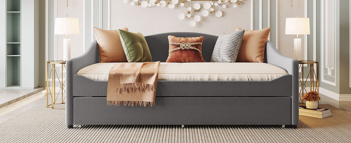 Teddy Fleece Full Size Upholstered Daybed With Light And Trundle, Gray Full Gray Fleece