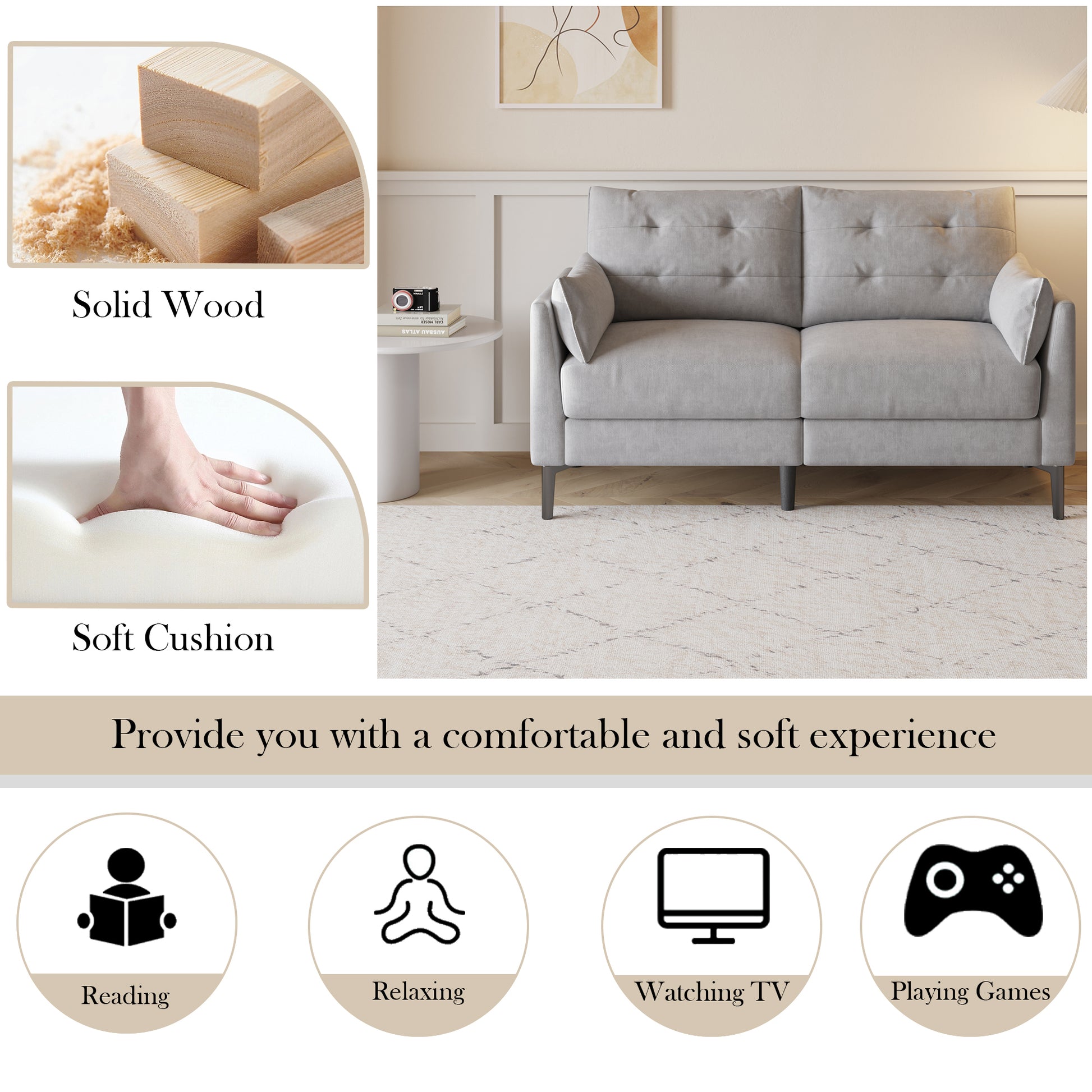 57.5 "Cotton Linen Light Grey Double Sofa Metal Feet Plastic Feet Thick Cushion With Two Armrests Light Grey Polyester Blend